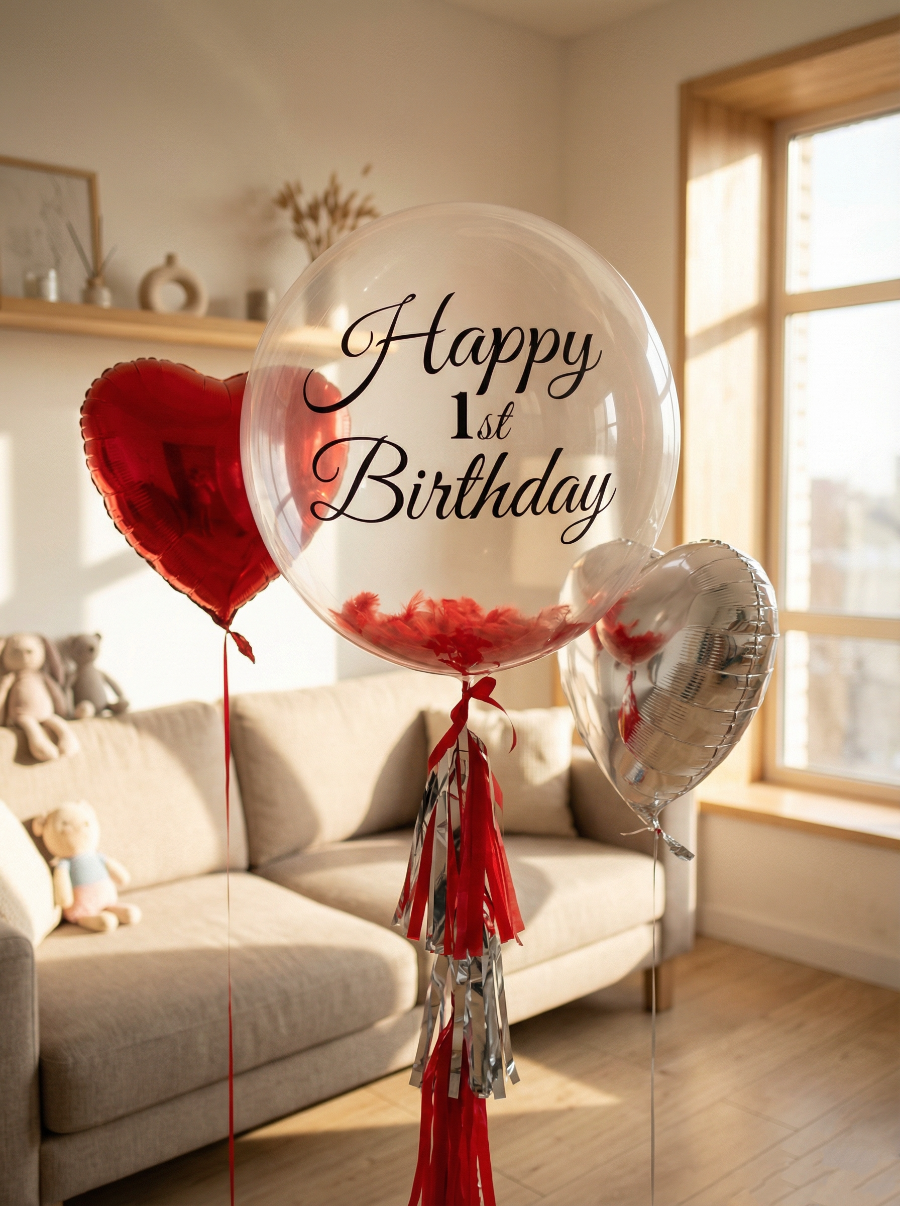 Прозрачный шар Bubble с черной надписью Happy 1st Birthday, красными перьями внутри и фольгированными сердцами в интерьере. Прозрачный шар Bubble с черной надписью Happy 1st Birthday, красными перьями внутри и фольгированными сердцами в интерьере.